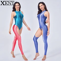 XClocKNYoung Front zipper hollow out sleeveless Tight Smooth Clothes Yoga Cycling Tights satin glossy Nine Leg Pants AMORESY