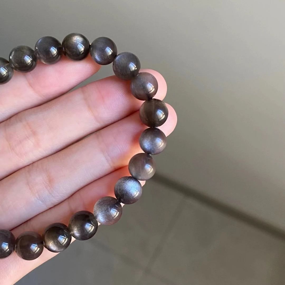

Natural Black Sunstone Moonstone Big Beads Bracelet Women Men 8.5mm Stretch Flash Light Crystal Clear Round Beads AAAAAA