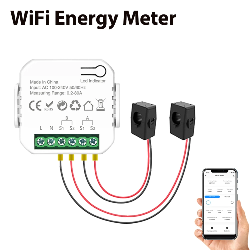 Tuya Smart Life WiFi medidor de energía 120A bidireccional 2 canales con abrazadera aplicación Monitor exportación Solar y energía de importación AC110V/240V
