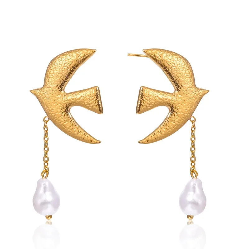 

Minar Personality Simulated Pearl Hammer Tone Metallic Bird Dove of Peace Tassel Drop Earrings for Women 18K Gold Titanium Steel