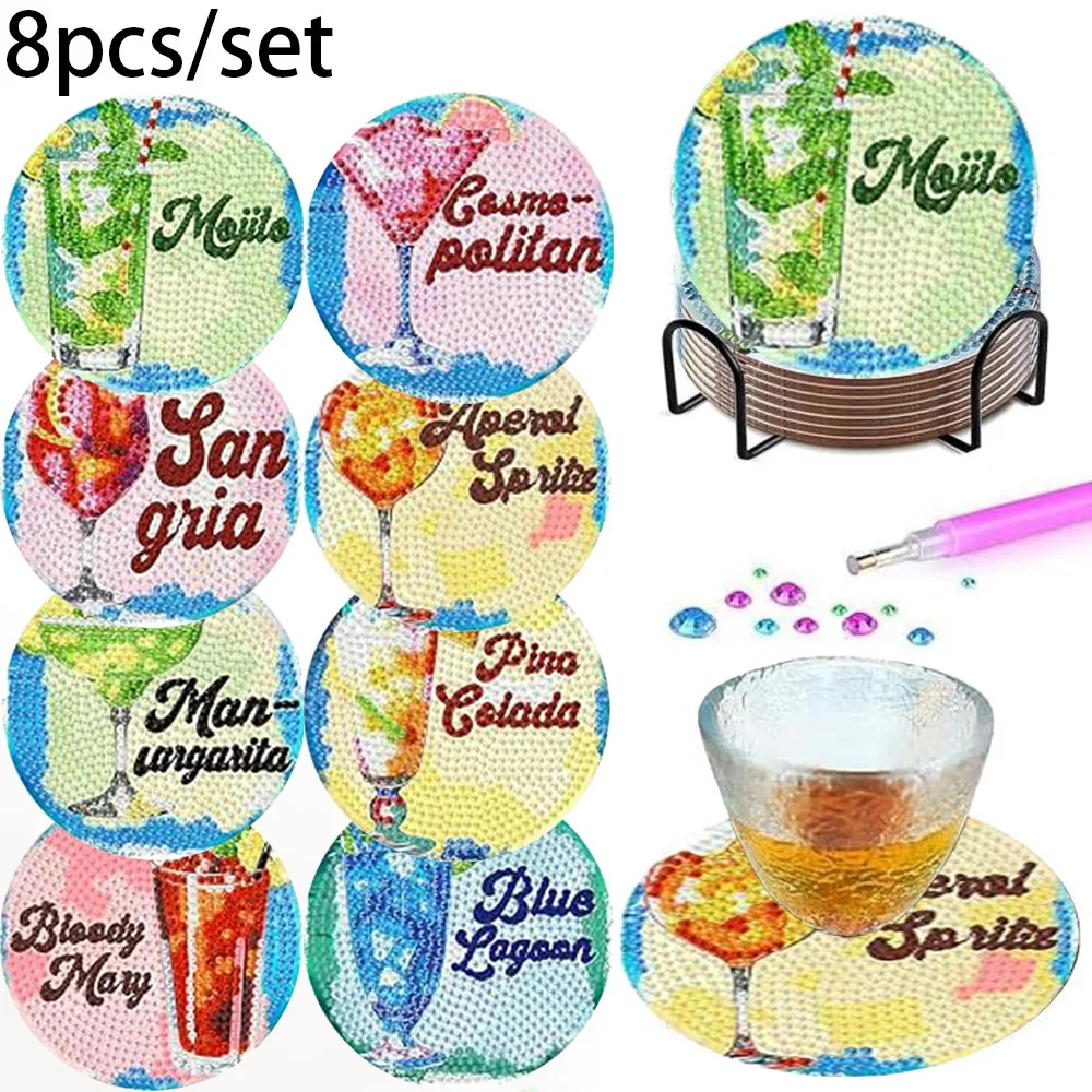 8 Pieces/set With Bracket Diamond Painting Coaster, DIY Beverage Series Patterned Diamond Painting Coaster, Art Craft Gift