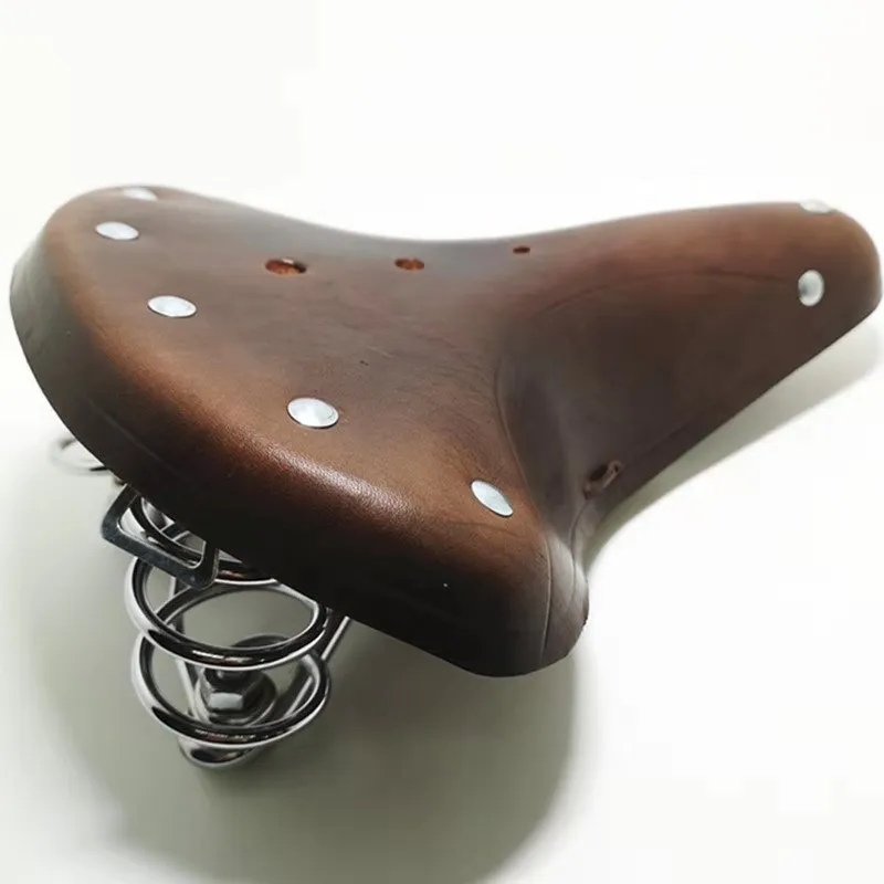 

Retro Traditional Rivet Design Cow Leather Saddle Road Bike Vintage Classic Seat MTB Cushion Bicycle Cycling Cushion With Rope