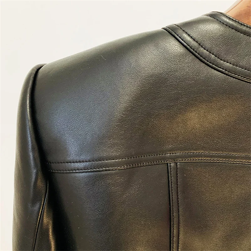 Women's leather jacket New autumn 2025 chicken hole lace up slim fit long sleeved top Metal button decoration short jacket coat