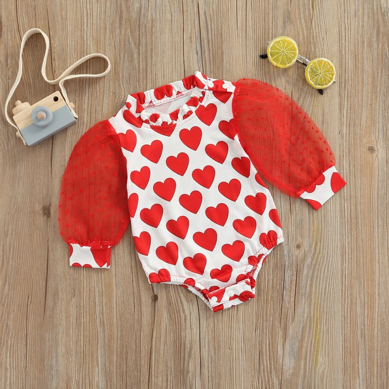 Infant s Romper with Transparent Bubble Sleeves and Heart-shaped Design Long-sleeved Jumpsuit for Baby Girls