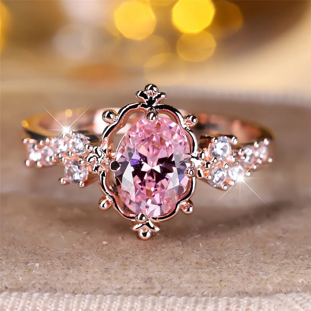 Luxury Crystal Pink Zircon Oval Stone Flower Rings For Women Vintage Rose Gold Color Wedding Band Bridal Jewelry Engagement Gift