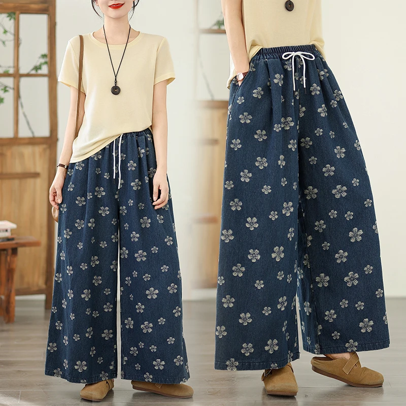 

Новые летние широкие джинсы с цветочной вышивкой, художественные повседневные длинные джинсовые брюки больших размеров Thi Quali, смесь хлопка с высокой талией