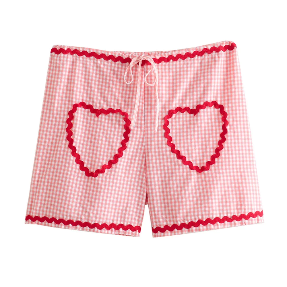 Taop&Za 2024 Summer New Product Women\'s Fashion and Casual Versatile Love Splicing Shorts Checkered Pants