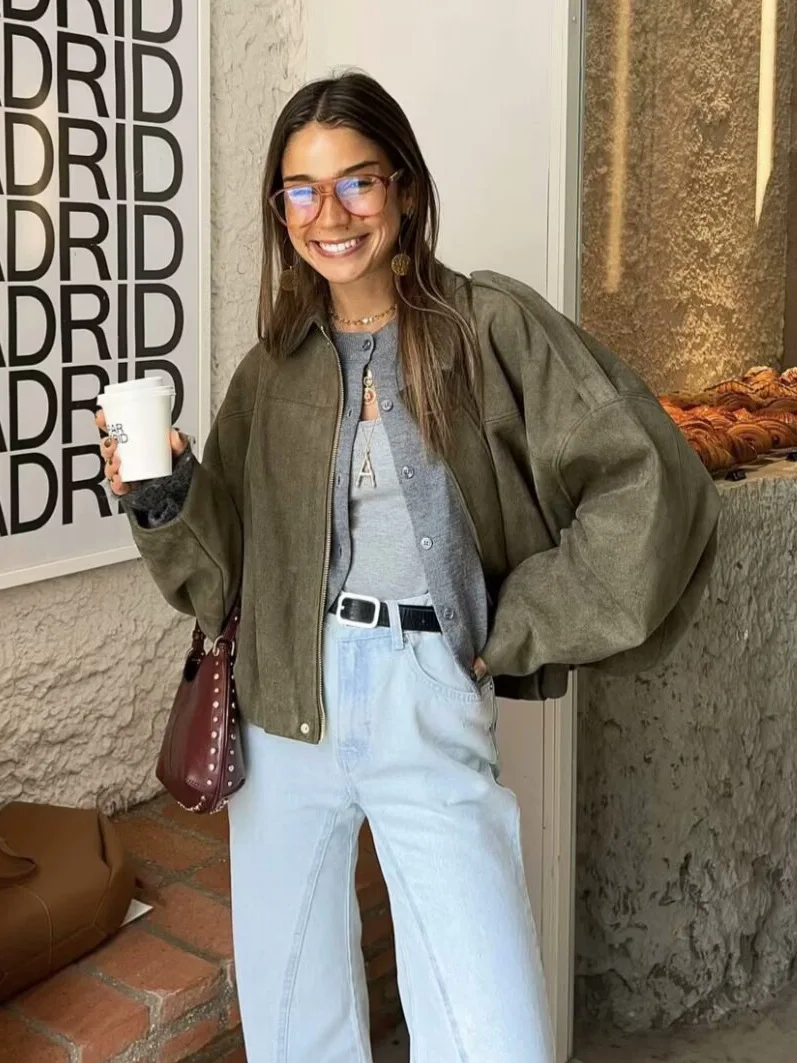 

Women Brown Green Suede Jacket Loose Casual Bomber Coat Lapel Zipper Long Sleeve Jackets Vintage Lady Motorcycle Outwears