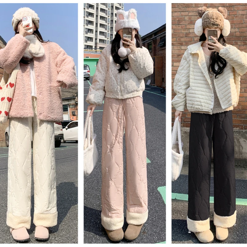 Women Winter Warm Wide Leg Polar Fleece Pants Causal Thicken Fluffy Baggy Pants Snow Warm Windproof Quilted Straight  Trousers