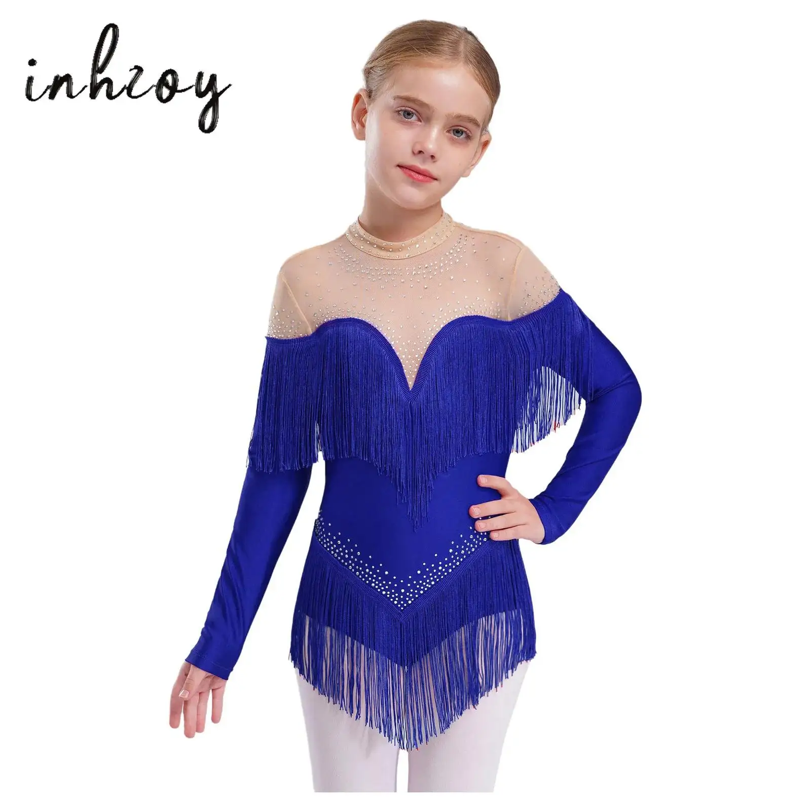 

Kids Girls Tassel Latin Dance Leotard Long Sleeve Sheer Mesh Patchwork Shiny Rhinestones Skirted Bodysuit Figure Skating Dance