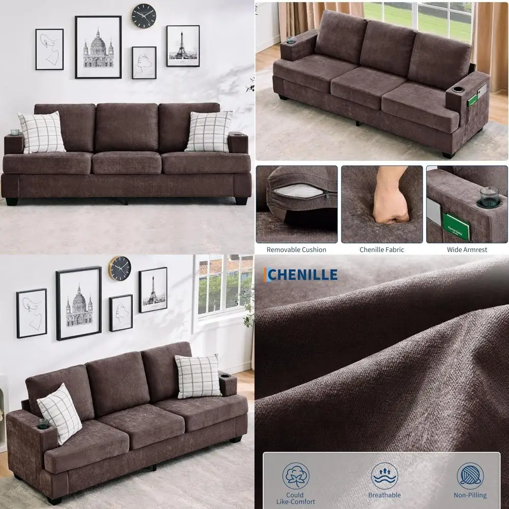 

89-дюймовый 3-местный диван, уютное глубокое сиденье, ткань из шенилла с подстаканниками и карманами для хранения, коричневый диван для гостиной