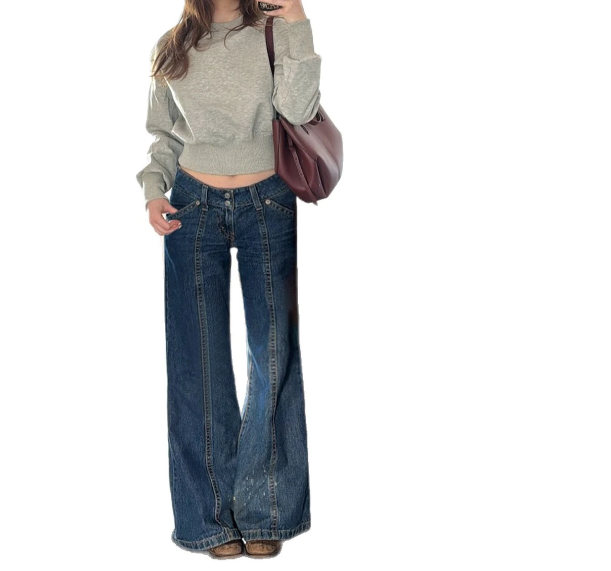 Jeans micro alargados retrô patchwork para mulheres no outono e inverno, calças justas e largas para abraçar o chão