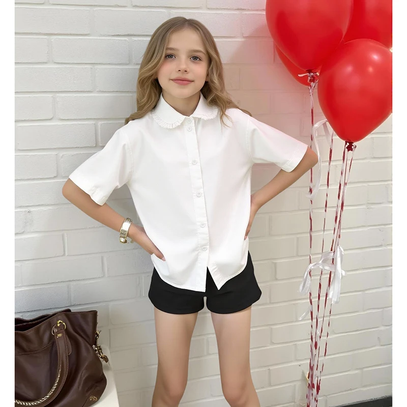 Sommer Mädchen Kleidung Kurzarm Mädchen Weißes Hemd Süße Mädchen Schuluniform Baumwolle Kinder Schulkleidung Einfaches Hemd