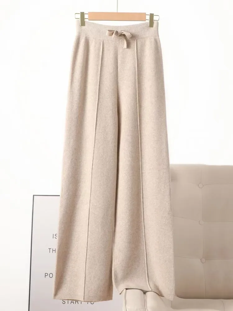 Autumn Winter Women 100% Merino Wool Wide Leg Pants Female Elastic Waist Pants New Casual Soft Warm Knit Fashion Trousers