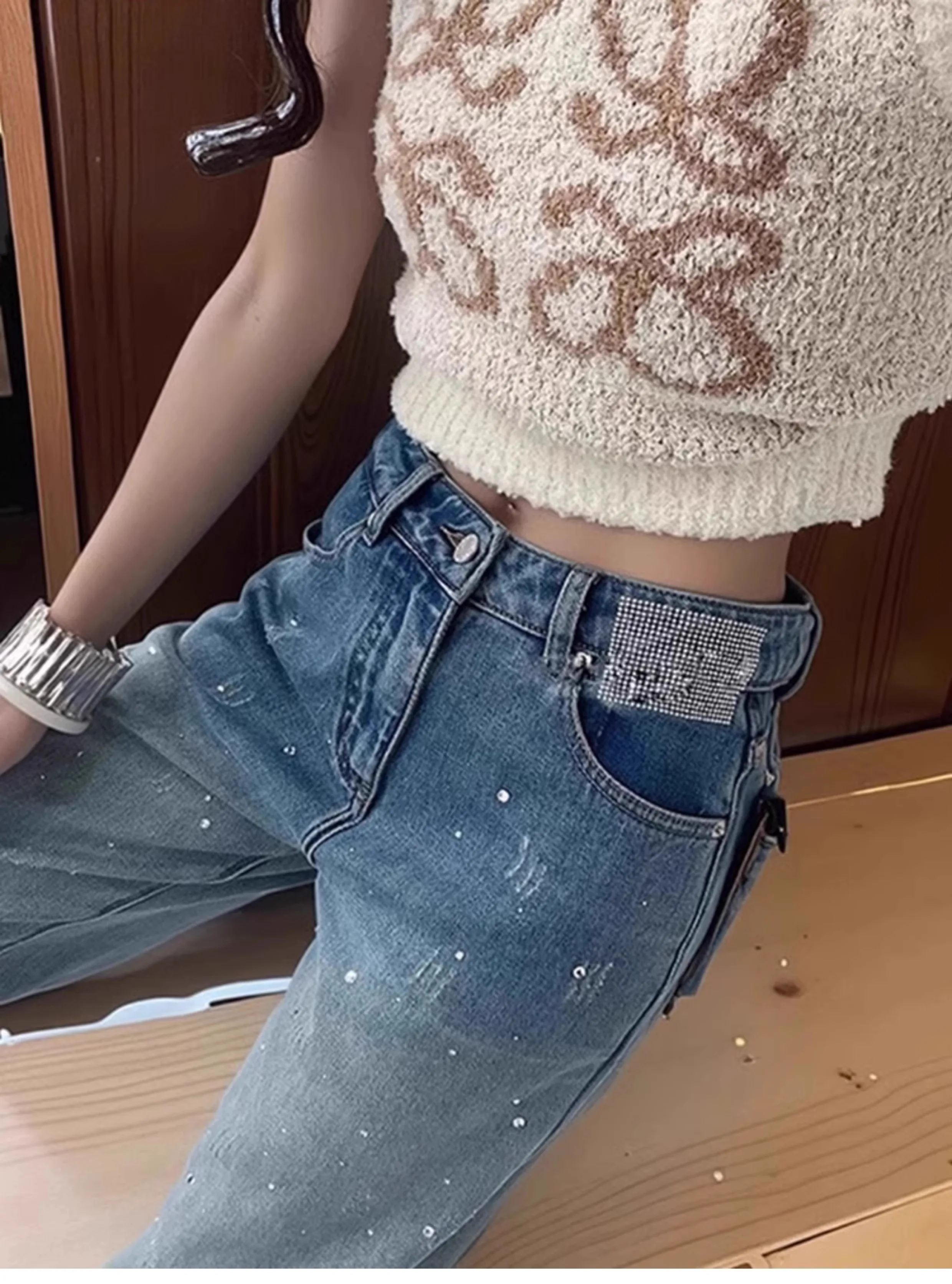 Y2K – jean dégradé à strass pour femmes, jambes larges, taille haute, amincissant, coupe ample, pantalon de sol, nouvelle collection printemps