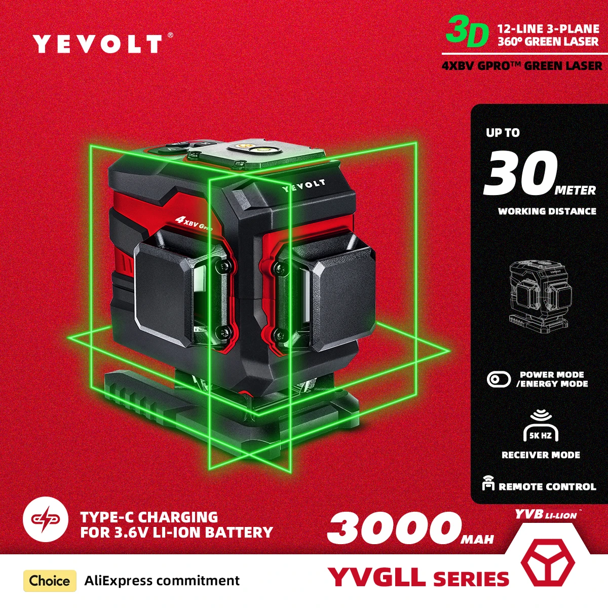 

YEVOLT YVGLL4XS12T Series Green Laser Level 3-Plane 12-Line Self-leveling 360 3D Horizontal & Vertical 3.6V 3Ah Power Tools