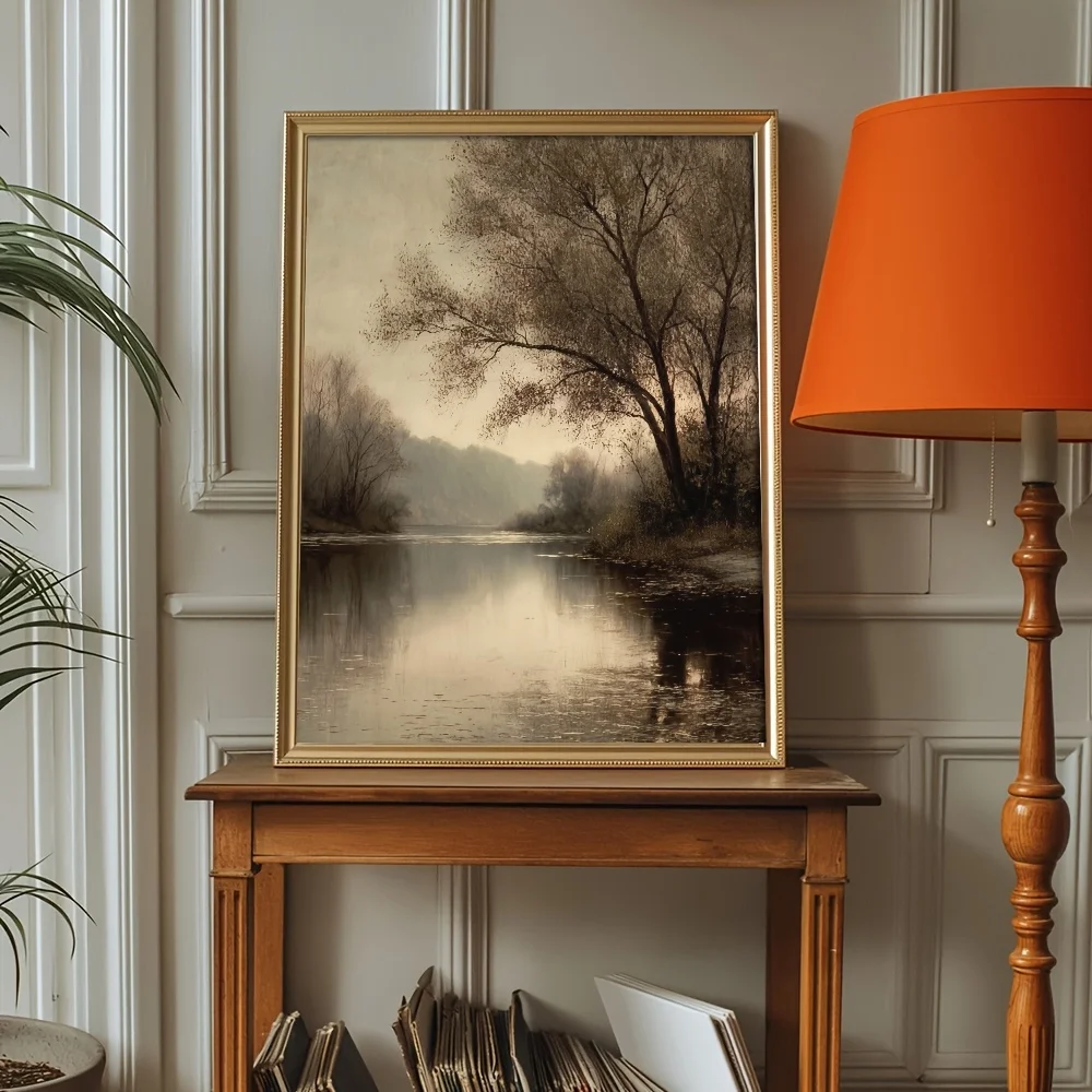 No Framed Vintage Dark Moody River Tree Retro Canvas Poster | Vintage Landscape Countryside Wall Art Print, Rustic Painting for