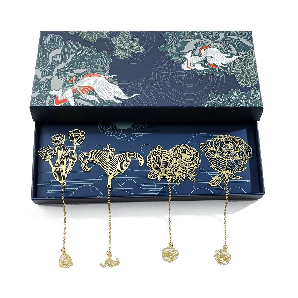 

4pcs/set Hollow Brass Chinese Style Bookmarks Flower Pattern Retro Reading Marker with Tassel Book Page Marker Literary