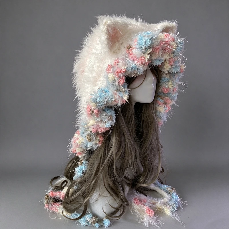 Handmade Solid White Cat Ear Beanie Women Winter Custom Crochet Fluffy Floral Knitted Hat Girl Cosplay Lolita Kawaii Warm Cap