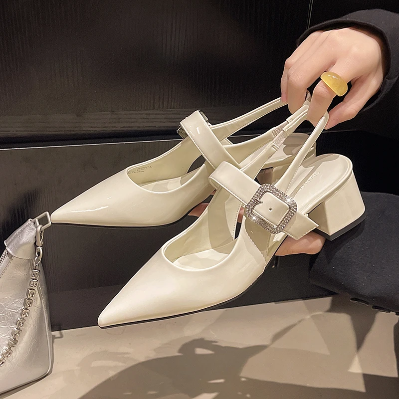 Pointed Toe Block Heel Sandals Shallow Mouth Bright Brick Square Buckle One Strap Soft Sole Non-Slip Wrapped Toe Women's Shoes