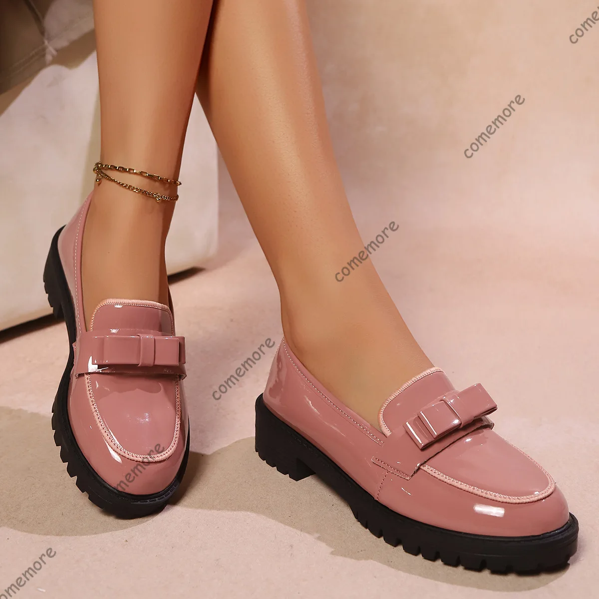 Comemore Women's Patent Leather Loafers Bowknot Round Toe Platform Casual Shoes for Women Thick Middle Heels Autumn Ladies Pumps