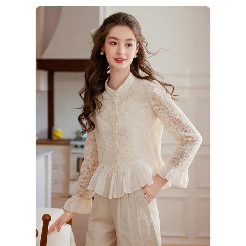 

New Chinese Style Embroidered Shirt for Women in 2025 Spring New Ruffle Long-sleeved Short Top