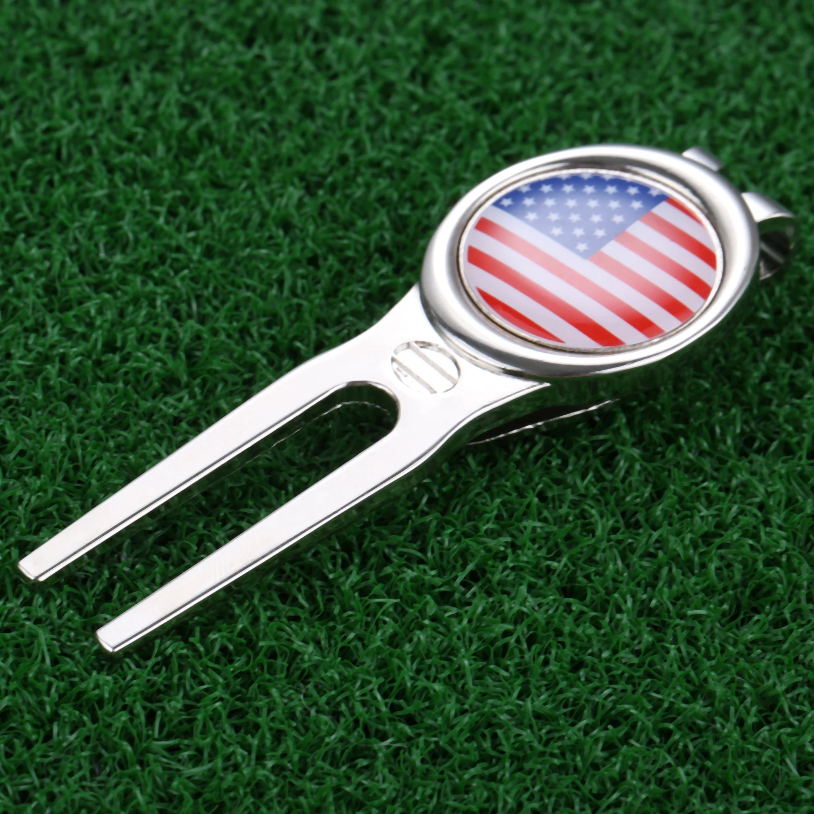 1PC Alloy Golf Pitch Mark Repair Divot Tool With Detachable Golf Hat Clip Ball USA Flag Marker 2-in-1 Pocket Green Accessories