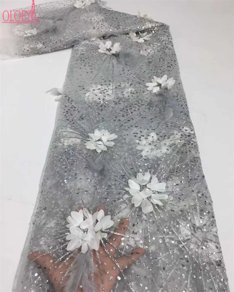 OLOEY Abito da sposa ricamato 3D FLOWER di alta qualità in pizzo con perline in rete di tulle stile francese africano di nuovo design