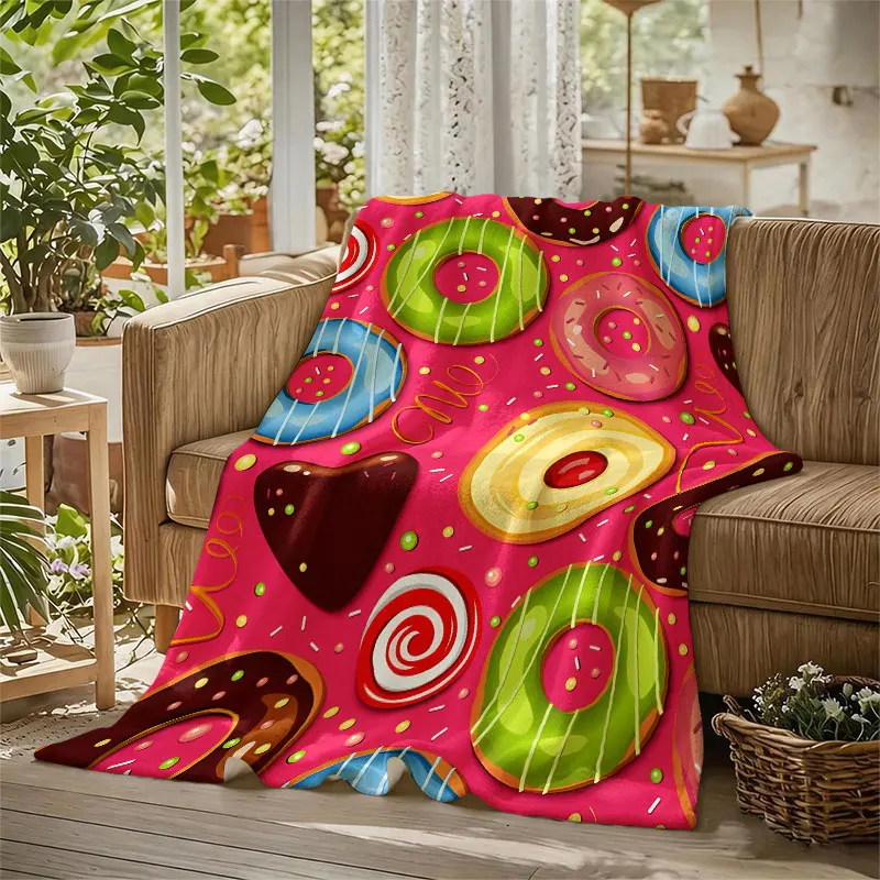 Colorful Donut Candy Flannel Blanket Warm Soft Halloween Christmas Decorative Couch Warm Cozy All-Season Gift