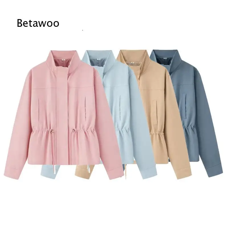 Women Casual Stand Collar Windbreaker Jacket Drawstring Waist Design Loose Cutting Functional Style Outerwear Suitable For Dail