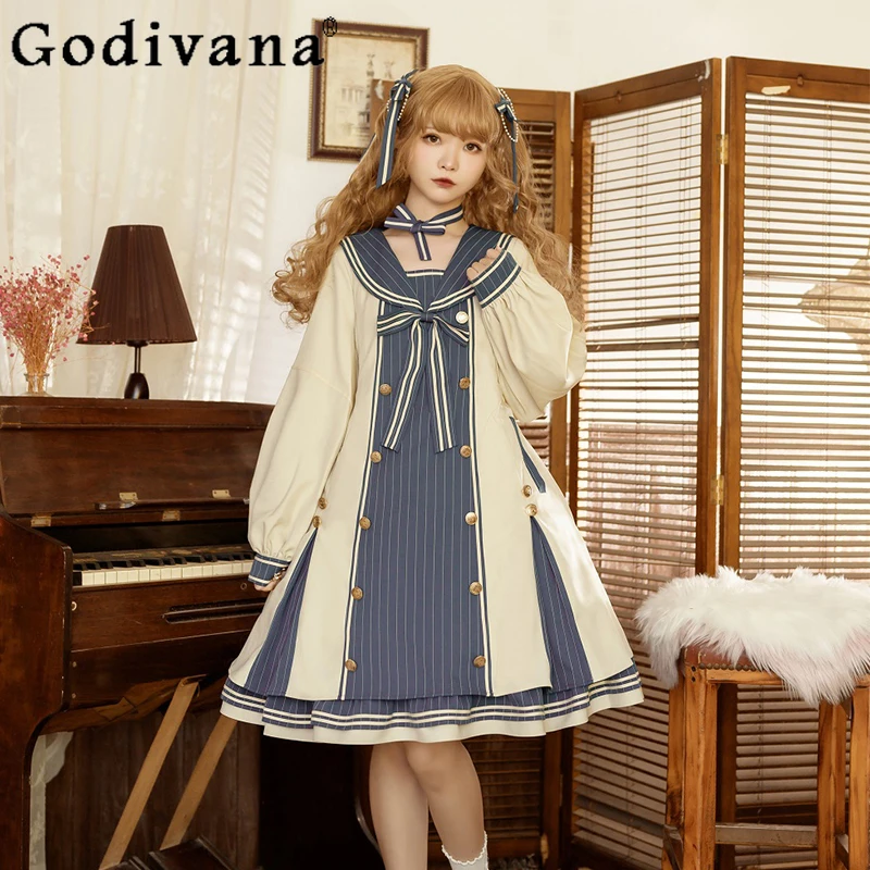 

Large Size L-4XL Lolita Autumn Lace-up Blue Apricot Long Sleeve Dress Sweet Girl Navy Collar High Waist Striped Princess Dresses