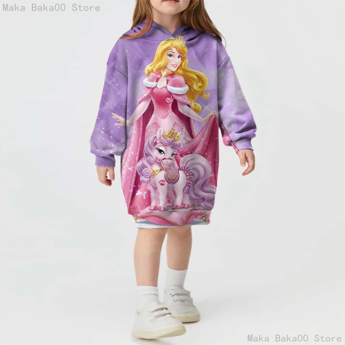 Fall Winter Girls Disney Aurora Sleeping Beauty Princess Hoodie Kids Dress Printed Dress Long Sleeve Pullover 2023