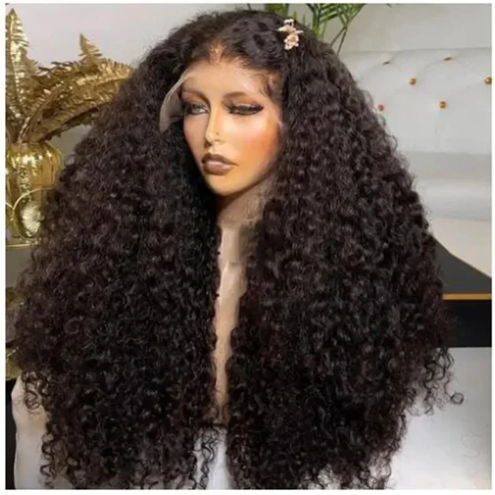 

Soft Long Natural Black Glueless 26Inch Kinky Curly Lace Front Wig For Women With Baby Hair Synthetic Preplucked Glueless Daily
