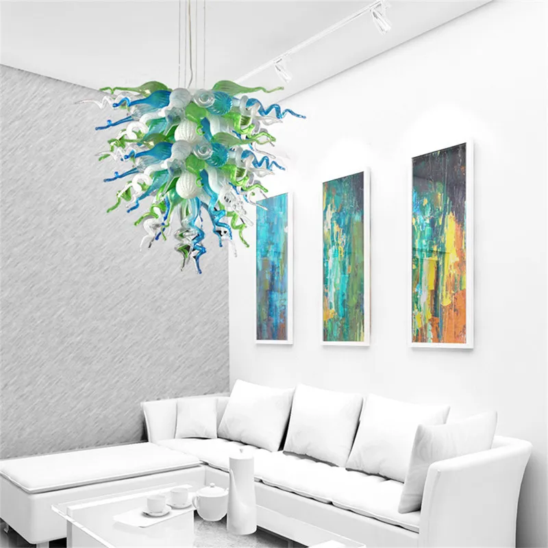 European Hand Blown Glass Chandelier Luxury Green Blue White Foyer Hanging Pendant Lamp 24 Inches