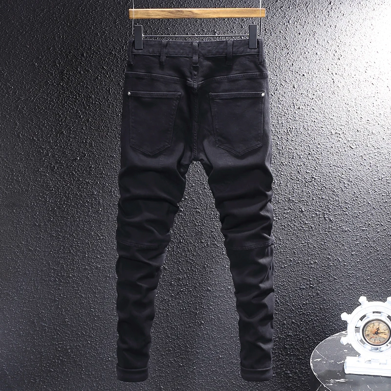 Alta rua moda masculina jeans preto estiramento fino ajuste emendado designer biker jeans homme remendado hip hop denim calças