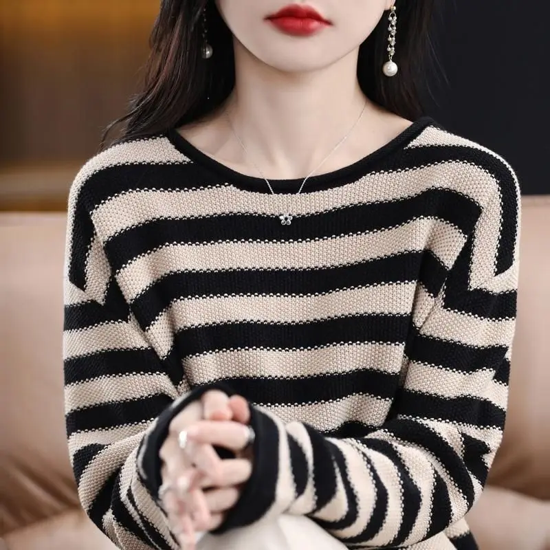 New Spring and Autumn Fashion Lazy Style Retro Stripe Contrast Round Neck Loose Versatile Slim Long Sleeve Women's Sweater