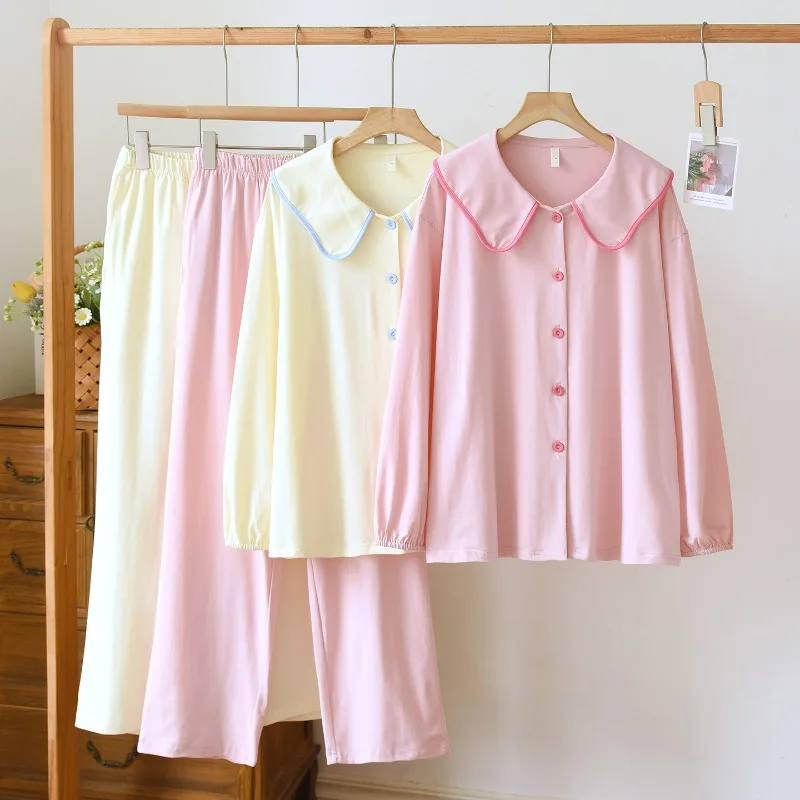 Women's Knit Cotton Pajama Set Cute Peter Pan Collar Sleepwear Long Sleeve Loungewear Korean Style Button Front PJs for Teens