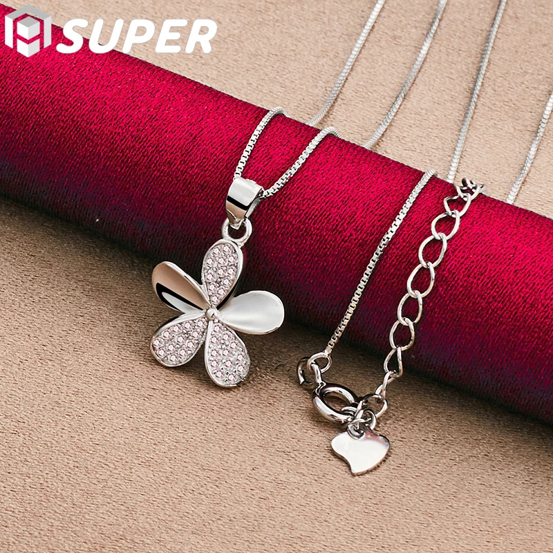 925 Sterling Silver Petal Pendant Necklace Full AAA Zircon 18 Inch Box Chain For Woman Fashion Wedding Charm Jewelry