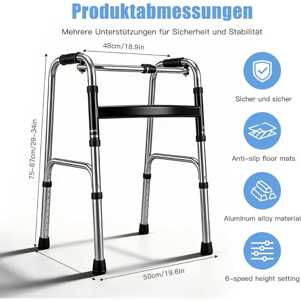 Déambulateur léger, pliable et sans roues, fabriqué en alliage d’aluminium ; il est doté de 8 niveaux de réglage de la hauteur et de poignées ergonomiques antidérapantes ; il est idéal pour l’aide à la marche en intérieur et en extérieur, et convient aux personnes âgées.