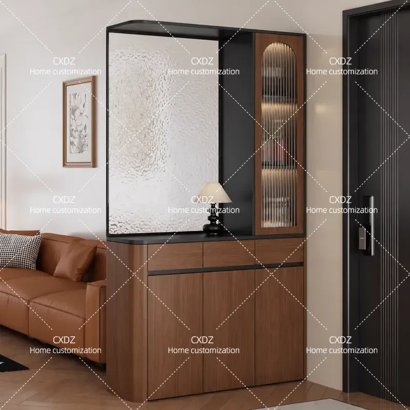 Walnut Color Entrance Cabinet Shoe Storage Integrated Living Room Wine Cabinet with Medieval Style Screen Partition for Home