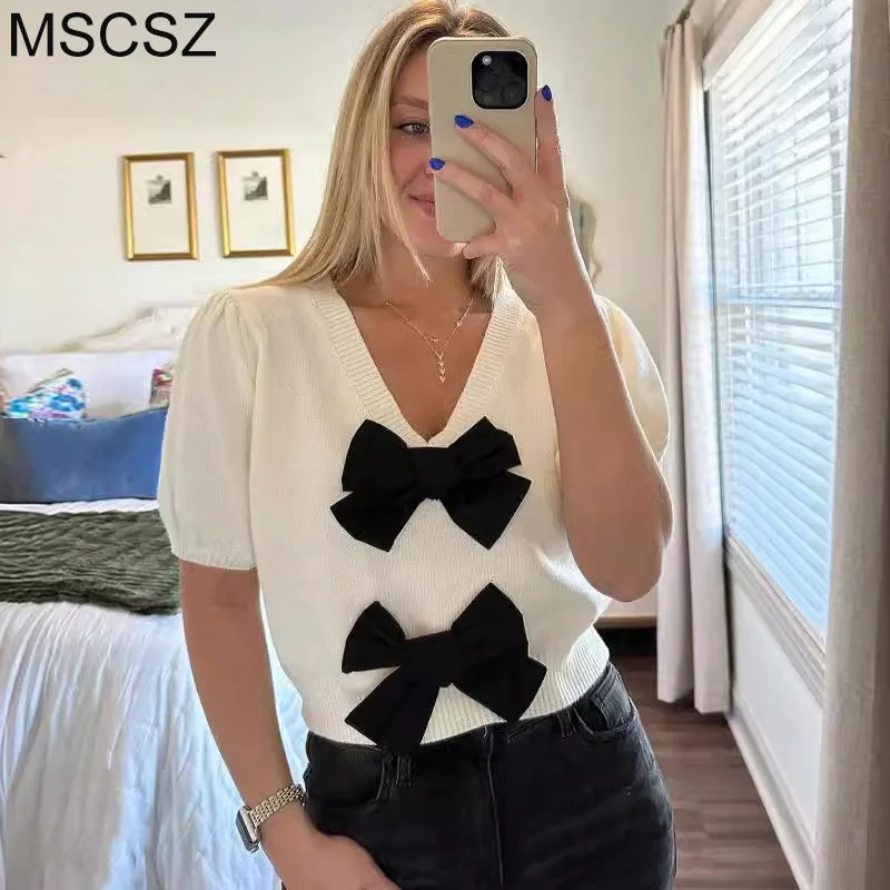 MSCSZ 2024 New Puff Sleeve Cropped Sweaters Woman V-Neck Pullover Sweater T-shirt Sweet Pink White Knitted Tops With Bow