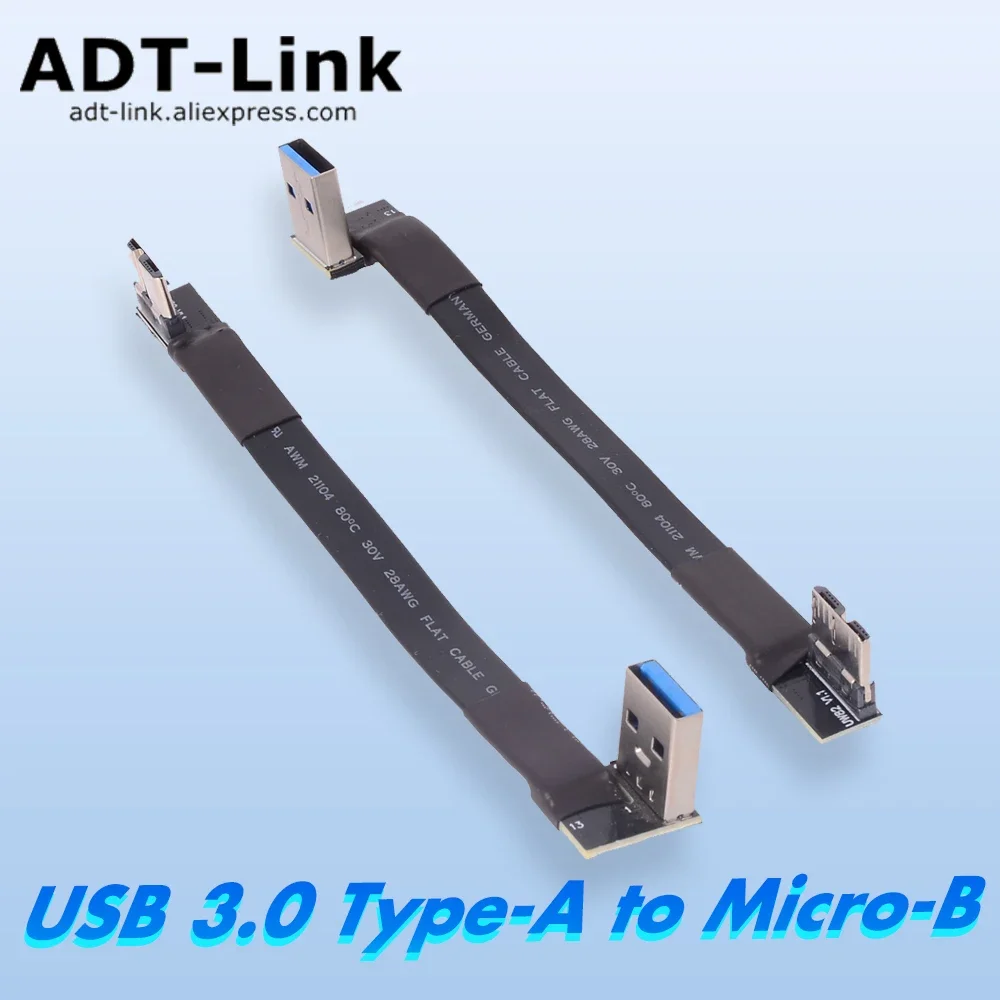 ADT Double-Angle USB 3.0 Type-A to Micro-B Male Cable Sideways Bend Data Transfer Cable Customized Lengths 5Gbps