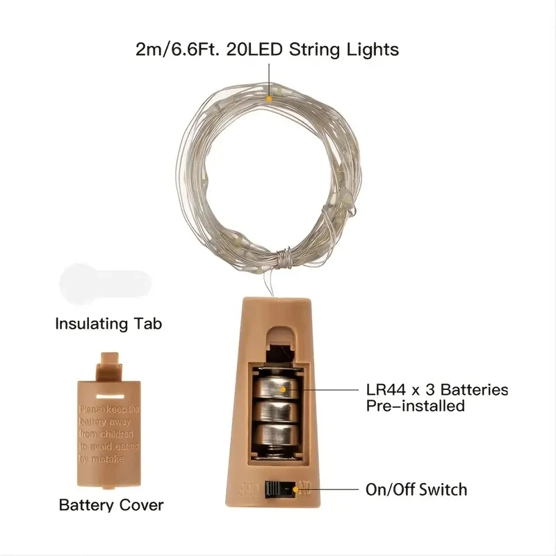 1PC 20 LED Wine Bottle Cork Copper Wire String Lights 2M Battery Powered Fairy Lights Christmas Valintine DIY Decoration