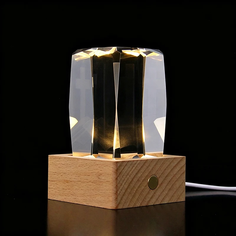 Transparency Blank K9 Crystal Cube with Wooden Base for 3D Laser Engraving High-quality Rectangular Columnar Beveled Glass Cube