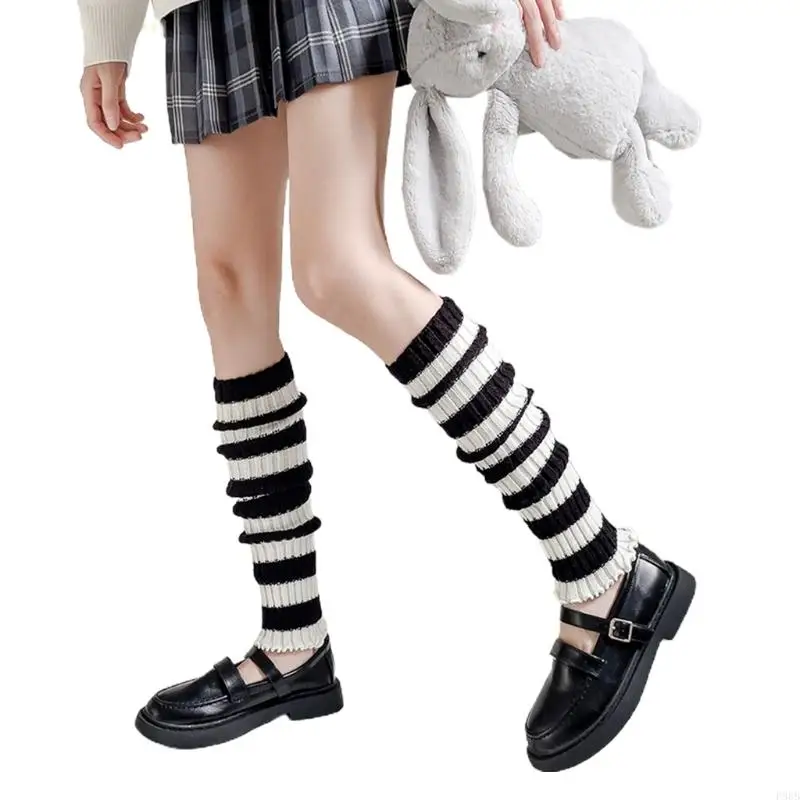 

P88B Japanese Women Goth Punk Leg Warmers Protector Black White Striped Boot Cover Ribbed Knit Ruffled Hem Knee