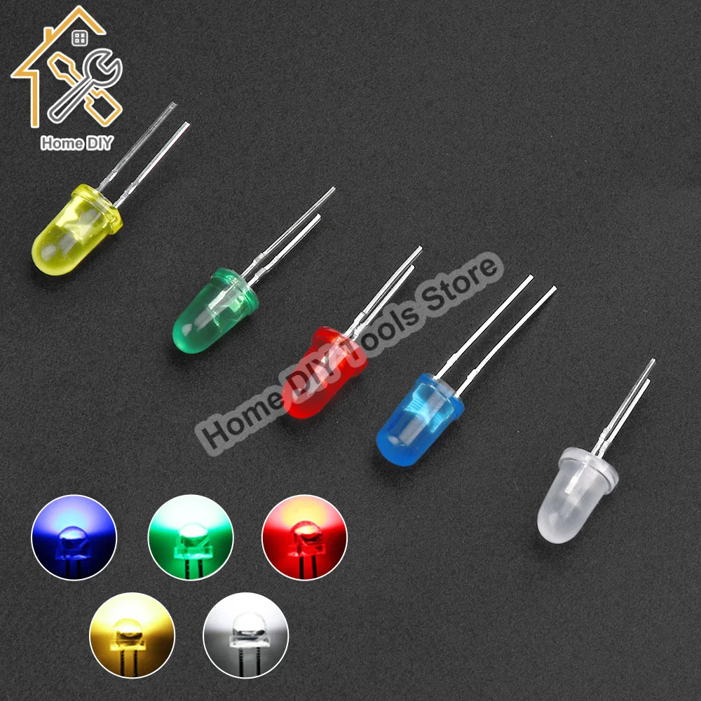 1000PCS F5 5MM LED Diode Assorted Kit Straw Hat LED Diodes White Red Blue Green Yellow DIY Light Emitting Diodes