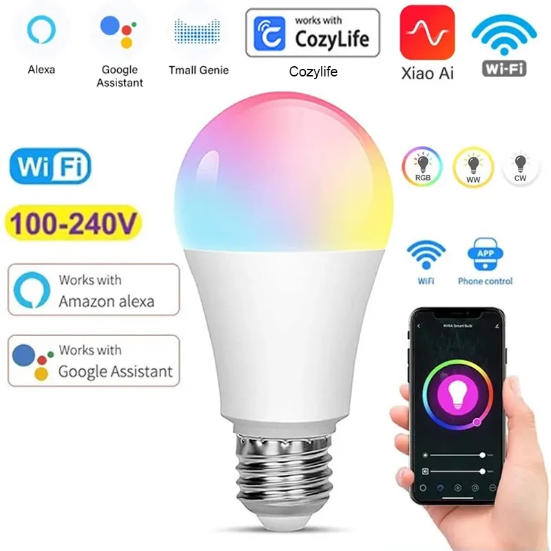 หลอดไฟอัจฉริยะ E27 9W Wifi ไฟ LED ปรับแสงได้ด้วยเสียง rgbcw 100-240V หลอดไฟชีวิตอัจฉริยะรองรับ Alexa Google Home