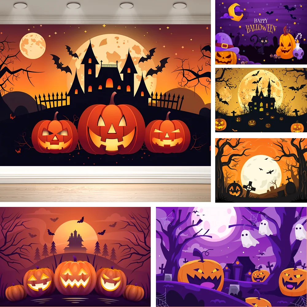 Dewprint Scary Halloween Night Backdrop Jack-o'-Lantern Castle Crow Bat Graveyard Holiday Photo Booth Banner Decor Supplies