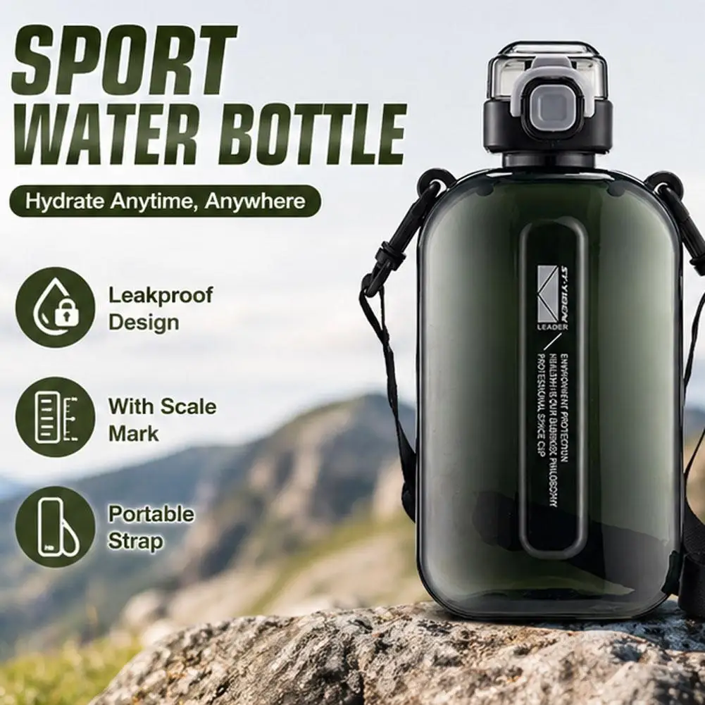 750ML Flat Water Bottle with Adjustable Strap Slim Bottle Design Transparent Square Portable Flask for Travel Sports Work