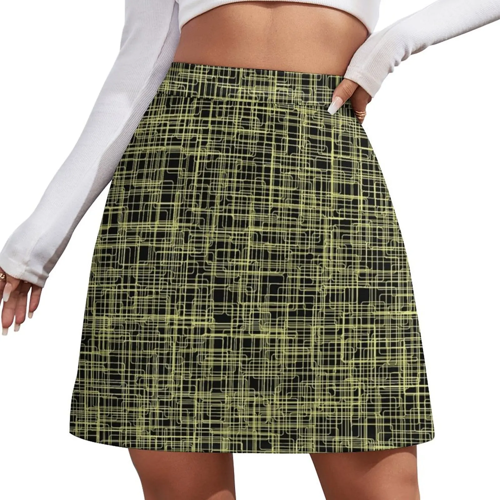 

Modern Yellow and Black Linen Pattern Mini Skirt korean women's clothes Female dress short skirts for women Mini Skirt